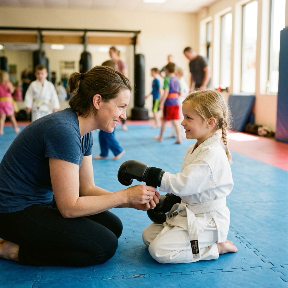 Eine Mutter kniet auf der Matte und zieht ihrer Tochter die kleinen Boxhandschuhe an